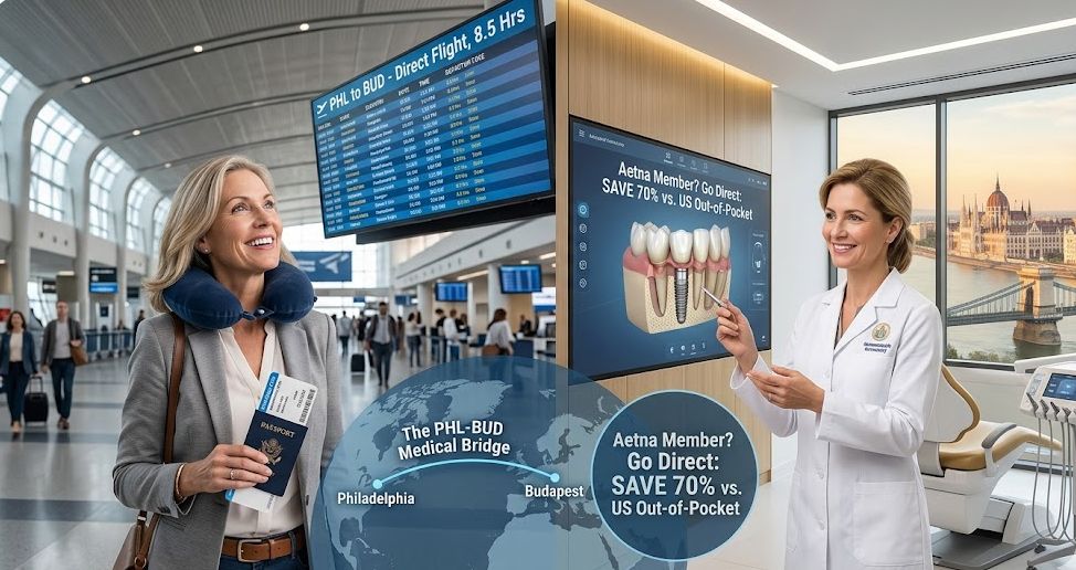 Split-screen showing a woman at Philadelphia International Airport with a boarding pass and a dentist in Budapest demonstrating a 3D dental implant on a digital screen with 70 percent savings text for Aetna members.
