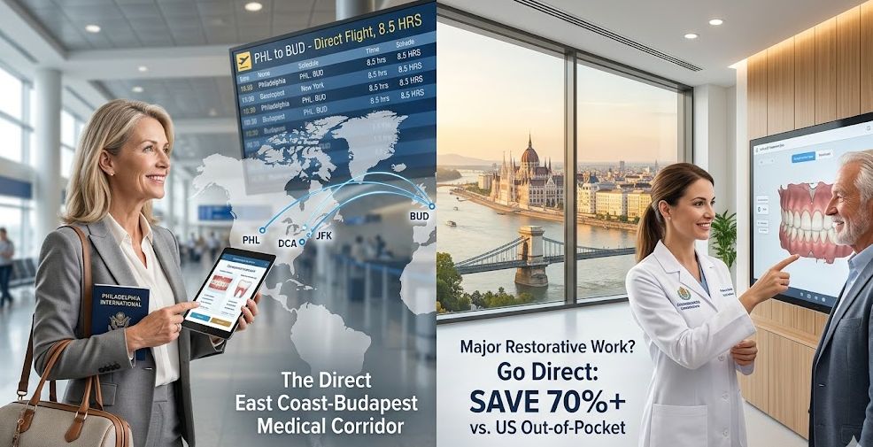 Split-screen graphic showing a woman at Philadelphia airport for a direct flight and a Budapest dentist explaining a full-arch restoration plan with 70 percent savings text.