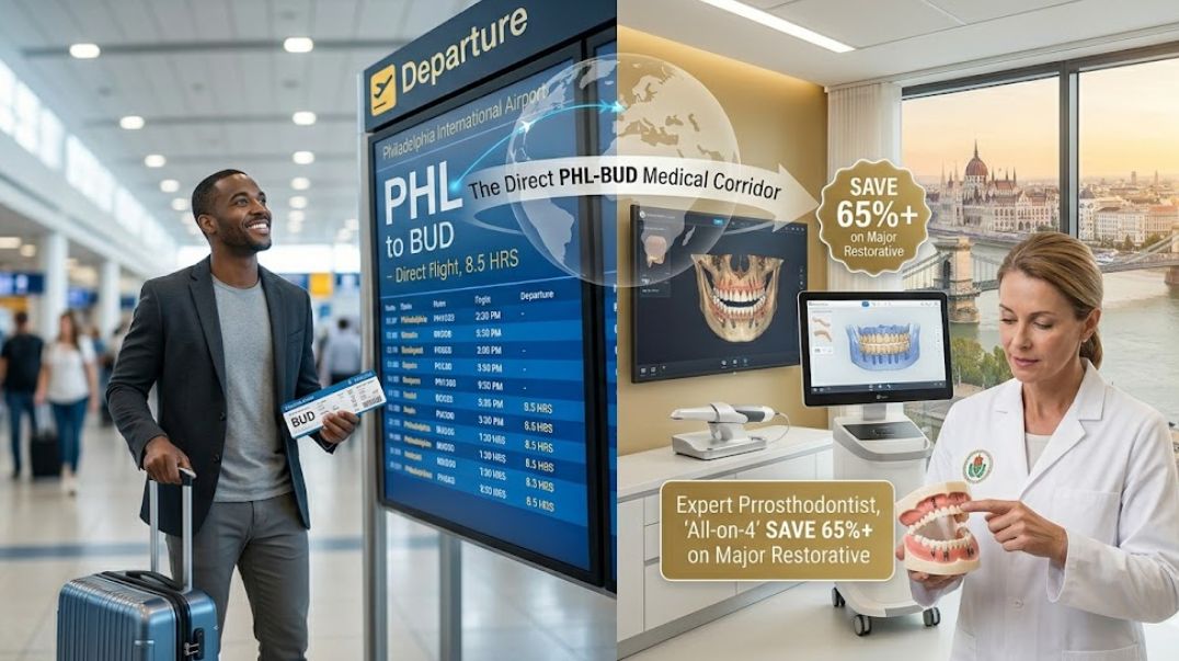 Split-screen visual of an American traveler at Philadelphia airport and a female dentist in Budapest showing an All-on-4 dental implant model with a digital treatment plan and city views.