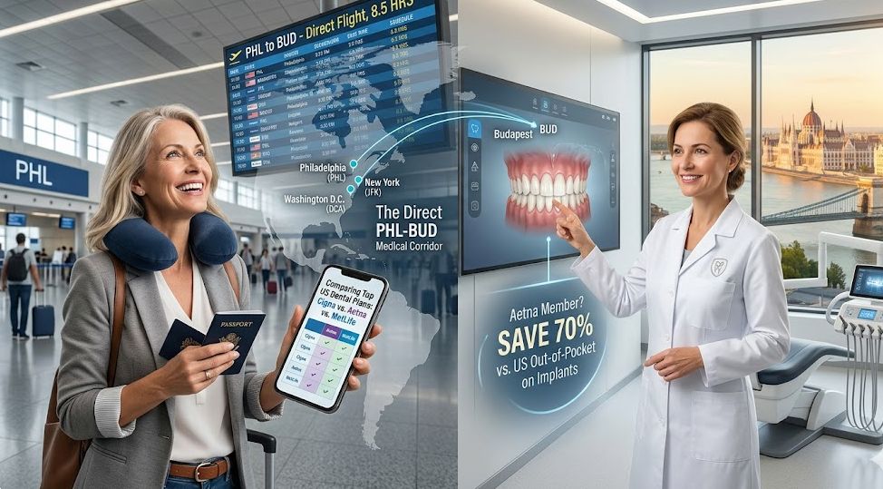 Split-screen graphic of a woman at Philadelphia airport holding a smartphone comparing Aetna, Cigna, and MetLife plans, next to a Budapest dentist explaining 70 percent savings on dental implants.