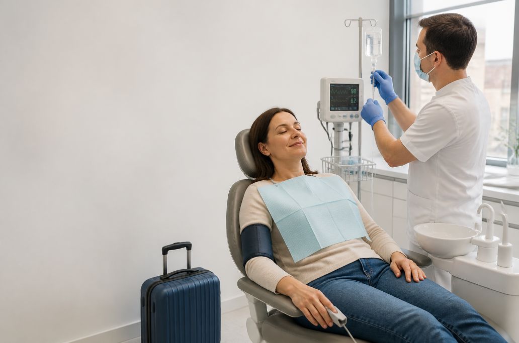 Relaxed adult dental patient receiving conscious IV sedation with monitoring equipment in a modern clinic, illustrating calm, safe dental treatment for nervous UK patients and dental tourists