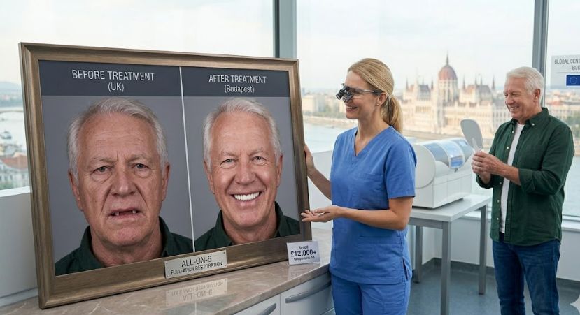 Before-and-after framed photos show an older male patient with missing and worn-down teeth labelled "BEFORE TREATMENT (UK)" and with a complete, bright smile labelled "AFTER TREATMENT (Budapest)," specifying "ALL-ON-6 FULL-ARCH RESTORATION." An older happy patient stands nearby, looking in a mirror. A dentist in scrubs points to the frame. A small plaque states, "Save £12,000+ Compared to UK." The modern dental clinic overlooks the Budapest skyline, featuring the Hungarian Parliament Building.