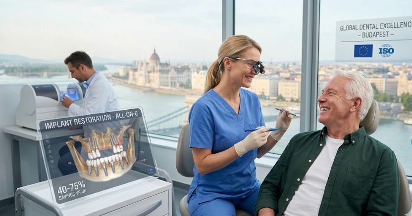 Modern dental clinic with CAD/CAM technology and sterile surgical environment with Budapest landscape in the background