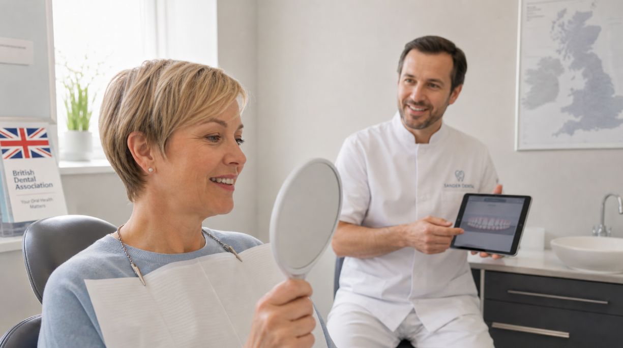 Hopeful adult dental patient consulting a friendly UK dentist about fixing years of dental neglect and planning a smile restoration treatment in a modern clinic.