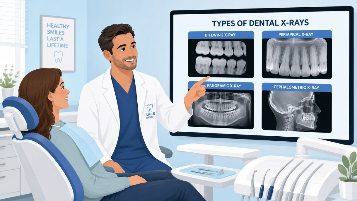 Dentist explaining different types of dental X‑rays on a screen to a relaxed patient, showing bitewing, periapical, panoramic and cephalometric images for UK patients