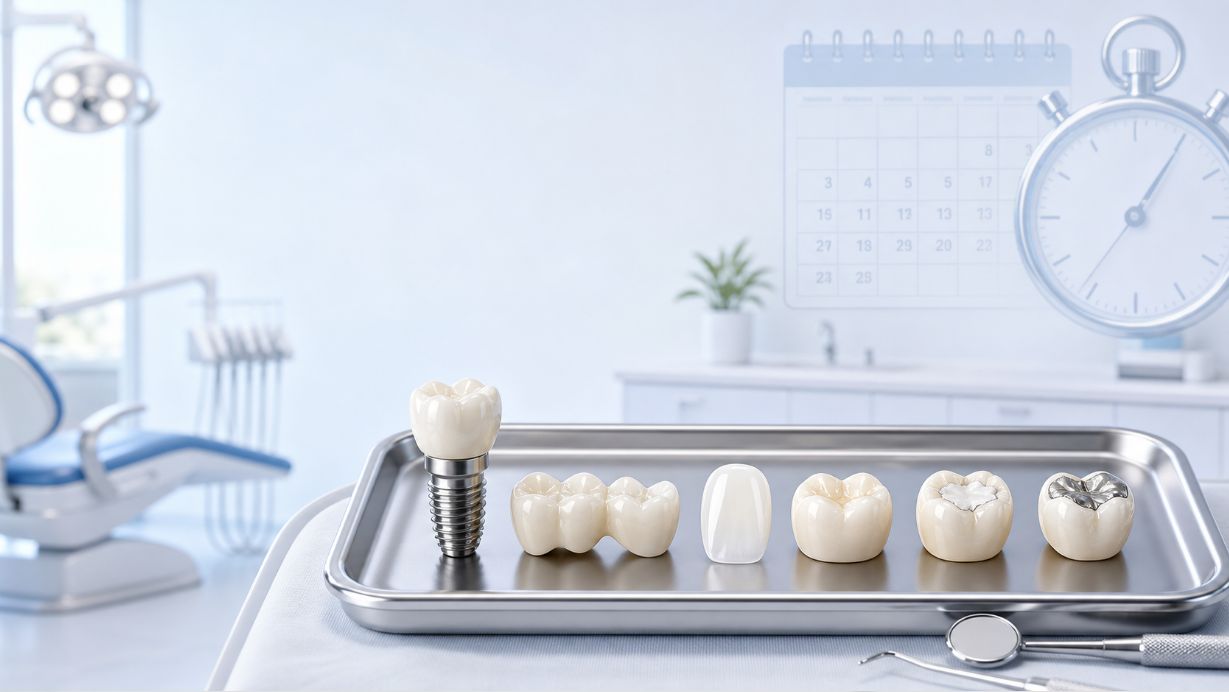 Dental restorations in a modern clinic showing implants, bridges, veneers, crowns, composite fillings and amalgam