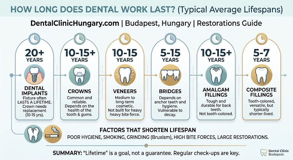 Infographic comparing the average lifespan of dental implants, crowns, veneers, bridges, amalgam fillings, and composite fillings.