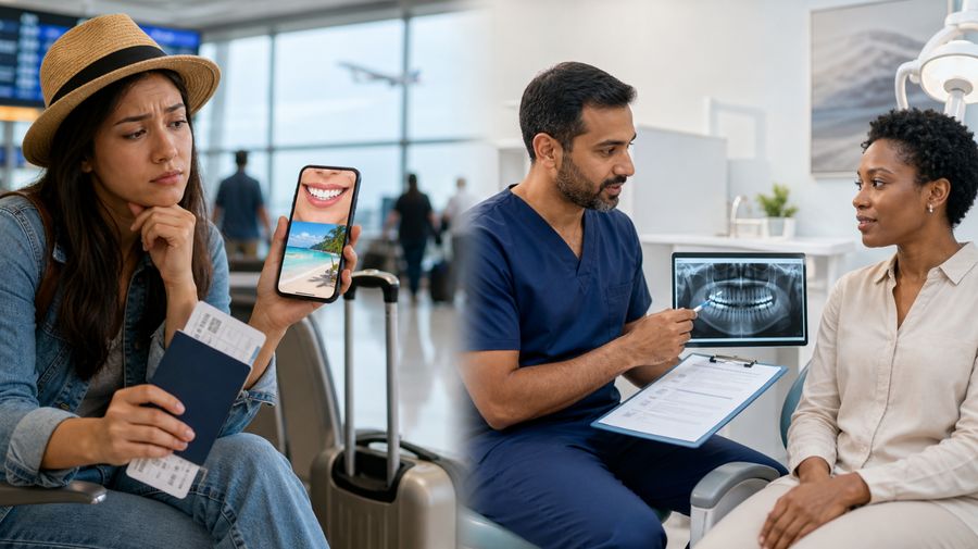 Traveller comparing an overseas dental holiday offer with a professional dental consultation and treatment plan