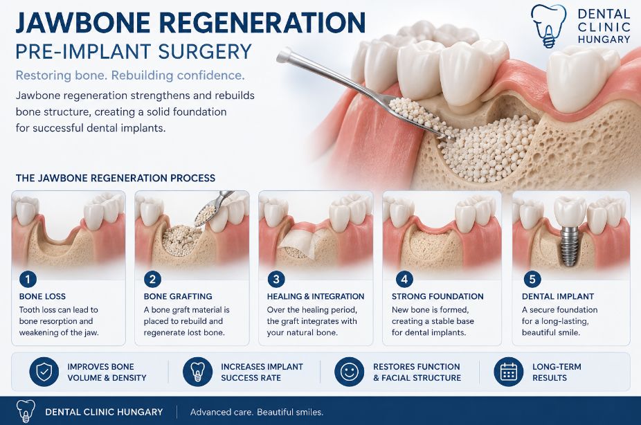 Jawbone regeneration process before dental implant surgery showing bone grafting and healing