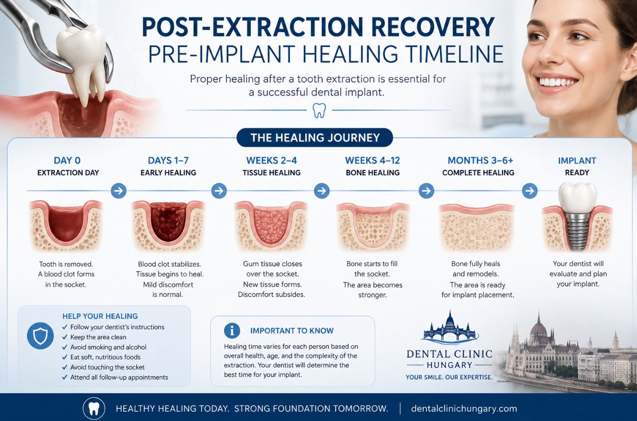 Post-extraction recovery timeline showing gum and bone healing before dental implant placement
