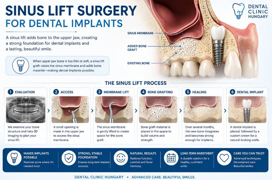 Sinus lift surgery process for dental implants showing bone grafting and implant placement