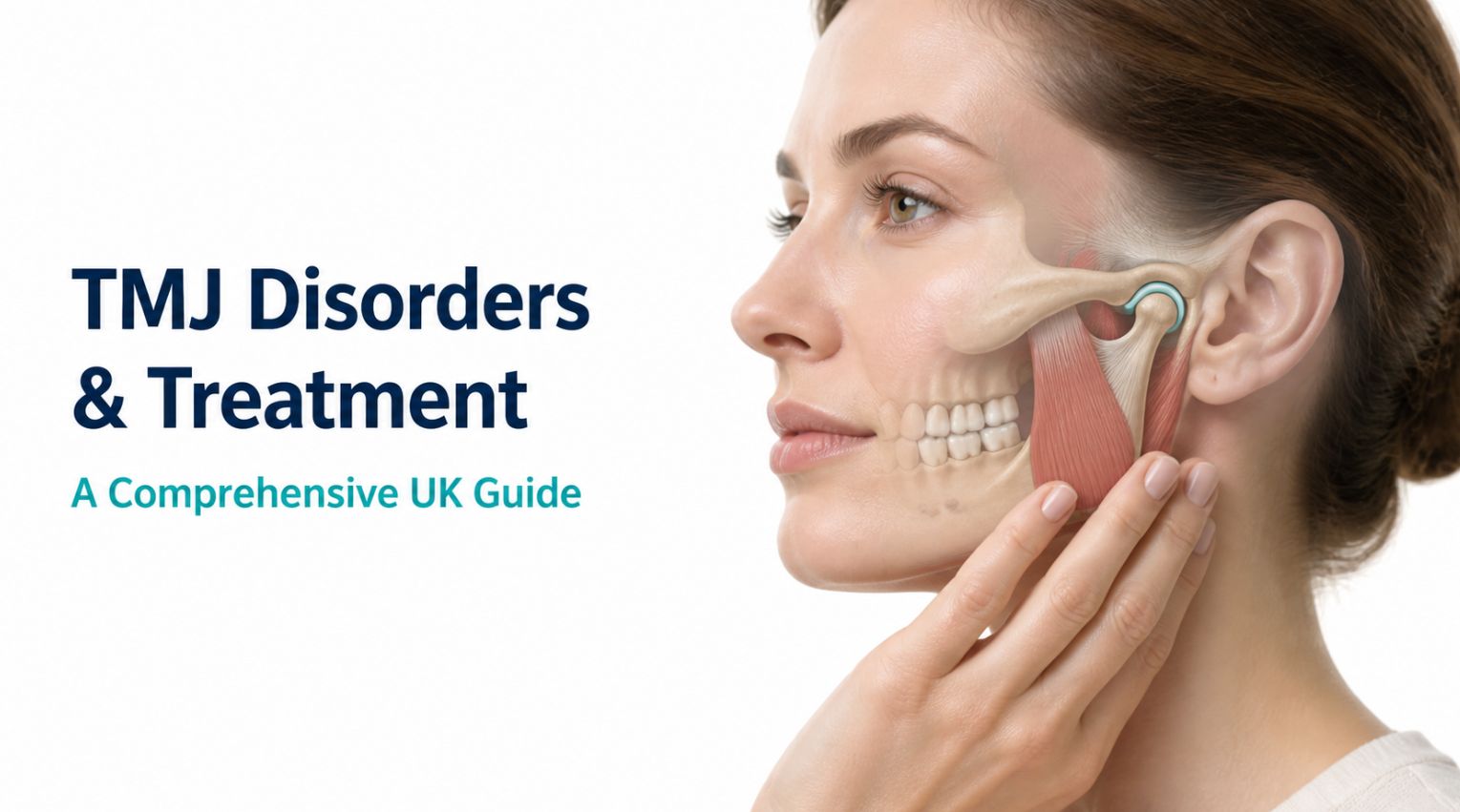 TMJ disorders and treatment guide showing a patient with jaw pain and a highlighted temporomandibular joint.