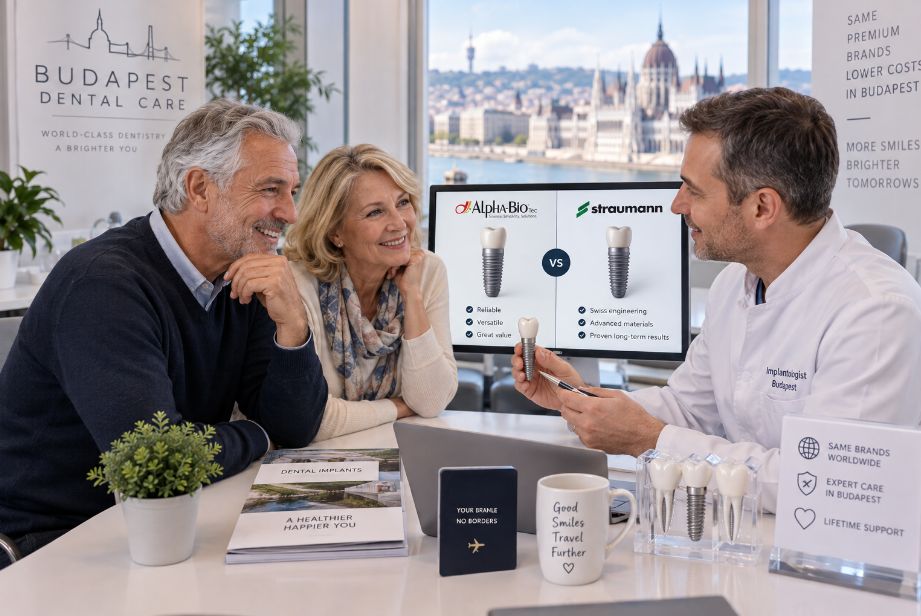 Older patients discussing Alpha-Bio vs Straumann dental implants with a Budapest implantologist in a modern dental clinic