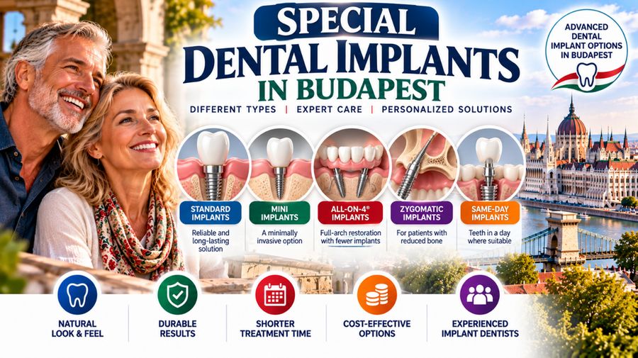 Alternative types of dental implants in Budapest, including standard implants, mini implants, All-on-4, zygomatic implants and same-day implants