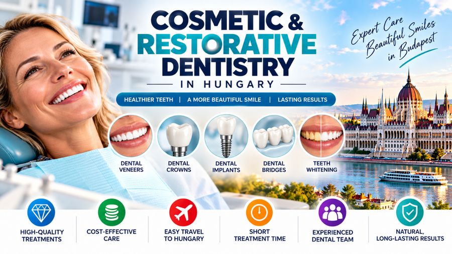 Cosmetic and restorative dentistry in Budapest, Hungary featuring veneers, crowns, dental implants, bridges and teeth whitening