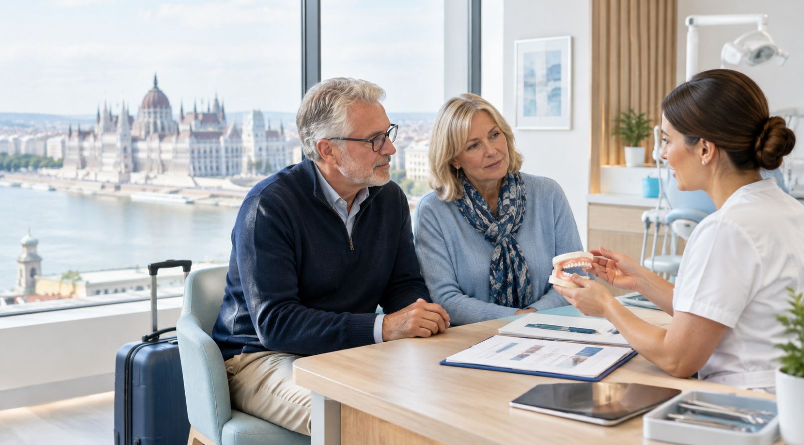 Icelandic couple discussing a dental treatment plan with a dentist at a modern clinic in Budapest, Hungary.