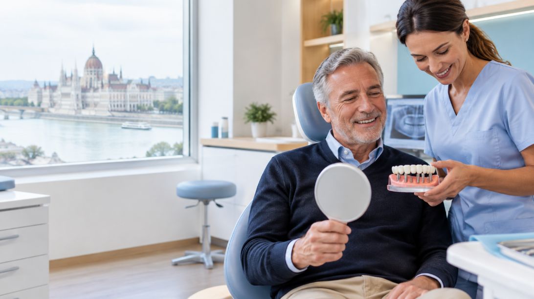 Patient holding a mirror as a dentist explains a full-arch dental implant model during a consultation in Budapest.